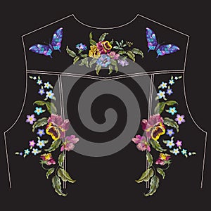 Embroidery floral pattern with pansies for jeans jacket back.