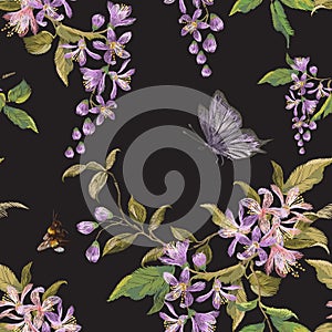 Embroidery floral seamless pattern with lilac blossom, butterfly