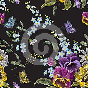 Embroidery floral seamless pattern with pansies and chamomiles.