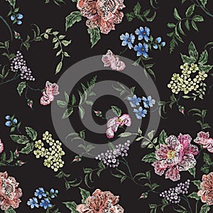 Embroidery floral seamless pattern with rose branch, violets.