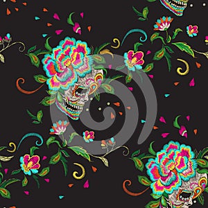 Embroidery floral seamless pattern with skull and roses.