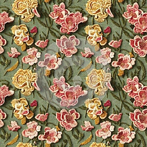 Embroidery floral seamless pattern. Vintage style embroidered flowers repeating fabric backdrop