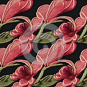 Embroidery floral seamless pattern. Vintage style embroidered flowers repeating fabric backdrop