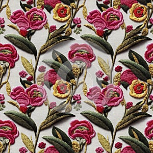 Embroidery floral seamless pattern. Vintage style embroidered flowers repeating fabric backdrop