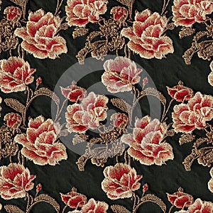 Embroidery floral seamless pattern. Vintage style embroidered flowers repeating fabric backdrop