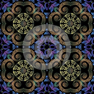 Embroidery floral vector seamless pattern. Textured grunge mandalas background. Tapestry wallpaper. Lace colorful damask flowers,