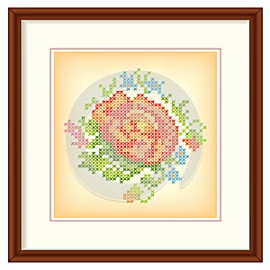 Embroidery, Flower Bouquet Cross Stitch in Mahogany Picture Frame