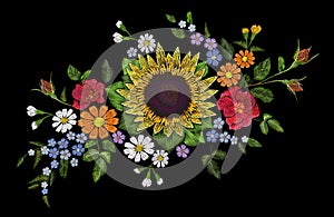 Embroidery flower bouquet sunflower dog rose briar daisy forget-me-not gerbera. Blooming field plant arrangement