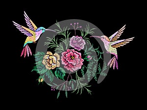 Embroidery flowers birds. Stitched ornament, tshirt embroidered print oriental style. Hand made clothing design patch