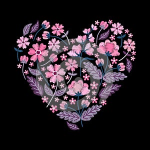 Embroidery heart pattern with beautiful pink flowers. Floral composition for Valentines day on black background. Vector