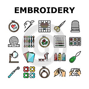 embroidery hobby fabric fashion icons set vector