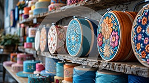 embroidery hoop art, vibrant embroidery hoops adorn the craft room wall, showcasing the beauty of handmade clothing with photo