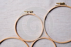 The embroidery hoops for needlework and sewing Flat lay top view of a mockup on canvas