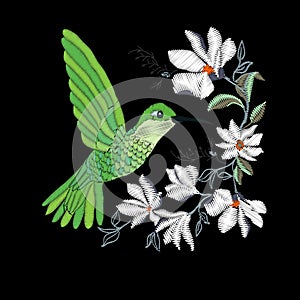 Embroidery with hummingbird and orchid flowers vector illustration.