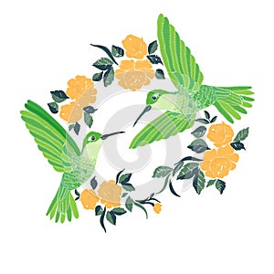 Embroidery with hummingbird and orchid flowers vector illustration.