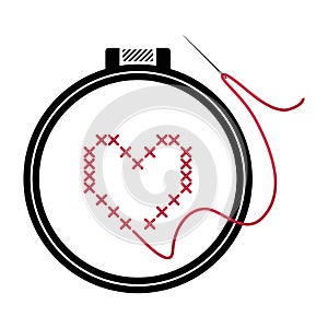 Embroidery icon. A needle with a red thread for embroidery with crosses with black embroidery frames. A symbol of needlework.