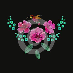 Embroidery imitation tropical floral pattern. Neckline design. Vector illustration satin stitch fashion ornament