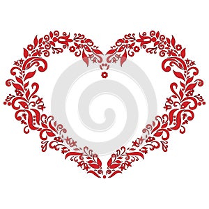 Embroidery inspired love heart shape pattern in red with floral elements on white background with black stroke