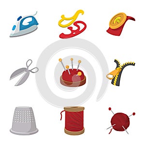 Embroidery kit icons set, cartoon style