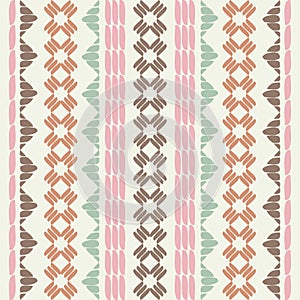 Embroidery. A mosaic of striped geometric figures. Seamless pattern. Design with manual hatching. Textile. Ethnic boho ornament.