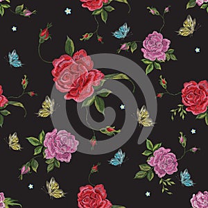 Embroidery native floral seamless pattern with roses and butterf