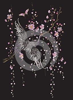 Embroidery oriental floral pattern with crane.