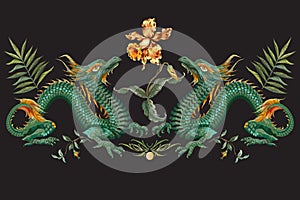 Embroidery oriental floral pattern with green dragons and tiger