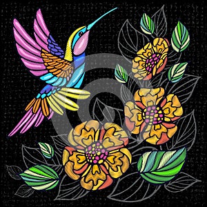 Embroidery patch palm tree leaves, flowers, birds, tropical art. Fashion tropical summer template.