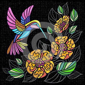 Embroidery patch palm tree leaves, flowers, birds, tropical art. Fashion tropical summer template.