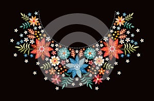 Embroidery pattern with beautiful colorful flowers for neckline. Floral design for fashion blouses and t-shirts.