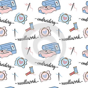 Embroidery pattern. Vector seamless background. Needlework illustrated elements. Various sewing tools on white background.