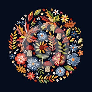 Embroidery. Round pattern with flowers, mushrooms and autumn leaves. Floral circle composition on black background. Vector print