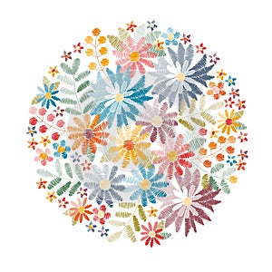 Embroidery. Round pattern with summer flowers, leaves and berries.
