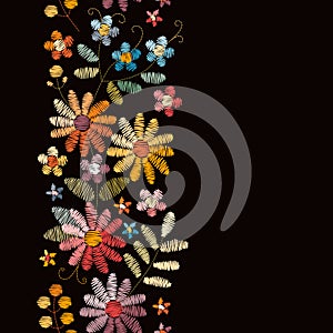 Embroidery seamless border with beautiful summer flowers. Design for greeting and invitation cards.