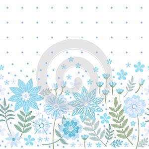 Embroidery seamless border with light blue flowers on white background. Vector illustration