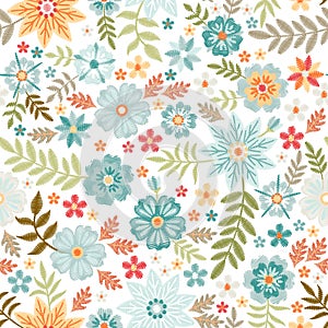 Embroidery seamless pattern with beautiful flowers and leaves on white background. Fashion print with  fancywork