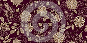 Embroidery seamless pattern with beautiful flowers. Vector handmade floral ornament on dark background. Embroidery for