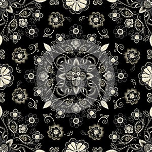 Embroidery seamless pattern with beautiful flowers. Vector handmade floral ornament on dark background. Embroidery for
