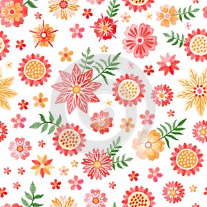 Embroidery seamless pattern with beautiful pink and yellow flowers on white background. Fantasy floral ornament