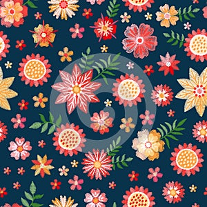 Embroidery seamless pattern with beautiful red and yellow flowers. Summer print. Fashion design. Vector embroidered illustration