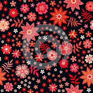 Embroidery seamless pattern with bright red flowers on black background. Vibrant fancywork. photo