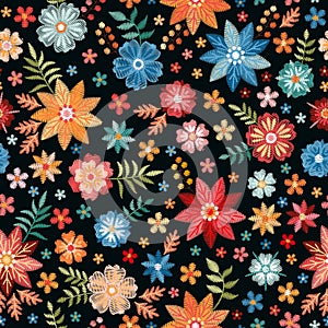 Embroidery seamless pattern with colorful summer flowers on black background. Fashionable print for fabric. Floral fancywork