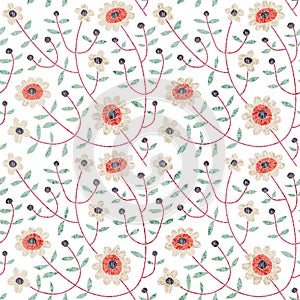 Embroidery seamless pattern. Cute flowers on a white background. Summer and spring vintage print for textiles