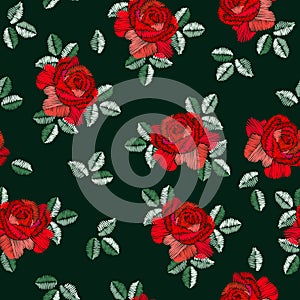 Embroidery seamless pattern in spanish style with red rose flowers on black background. Fashion design. Manton shawl.
