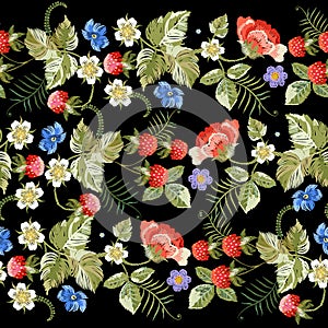 Embroidery seamless pattern with strawberries and flowers. Vector floral repeat patch..