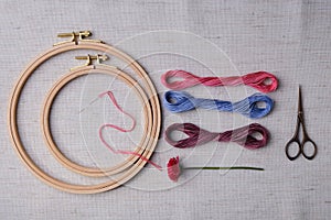 Embroidery set. White linen fabric, embroidery hoop, threads and needls and scissors.