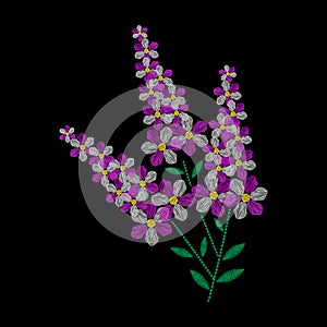 Embroidery is smooth. Embroidery with smooth flowers purple. Vector illustration on a black background