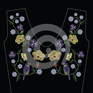 Embroidery stitches with hibiscus, iris flower, bird