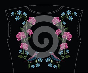 Embroidery stitches with orchid, hepatica flower and gouldian finch bird. Vector fashion ornament on black background for