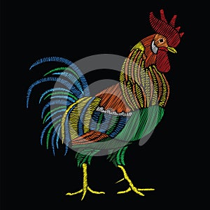 Embroidery stitches with rooster. Vector ornament decoration on